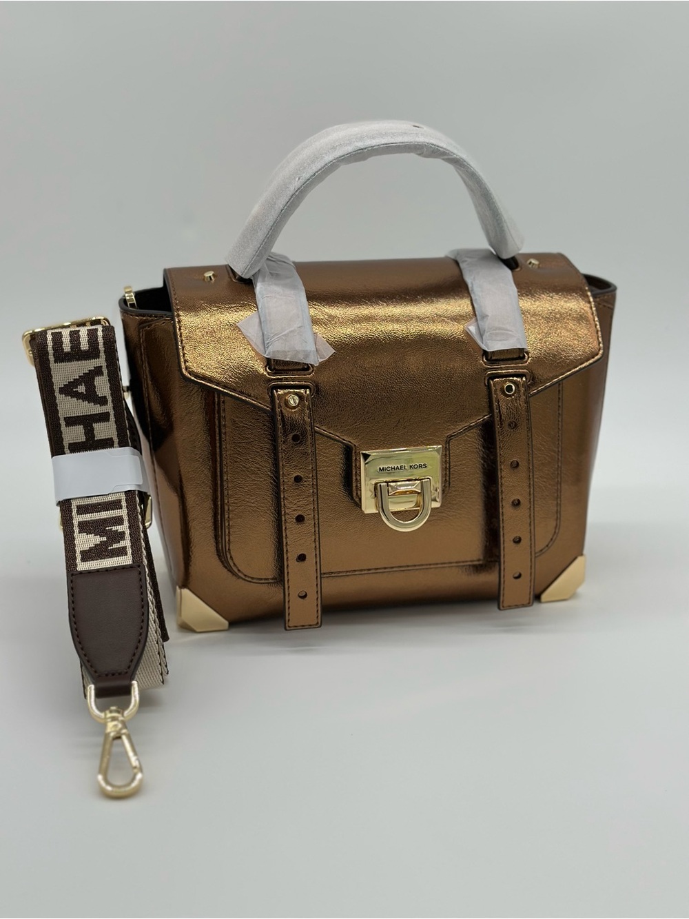 Michael Kors Metallic Bronze Satchel with Logo Strap
